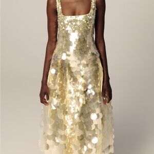 ISO asos Arrange embellished disc sequin square neck full skirt midi dress lemon